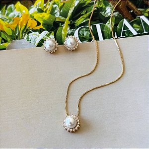 Conjunto Pérolas Cravejado em Zircônias