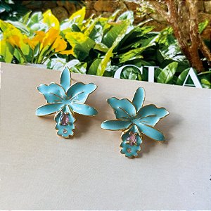 Brinco Orquídea Resinada Turquesa