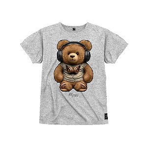 Camiseta Infantil Premium Estampada Em Alta Definição Com Qualidade 4K 100% Algodão Confortável Urso De Fone
