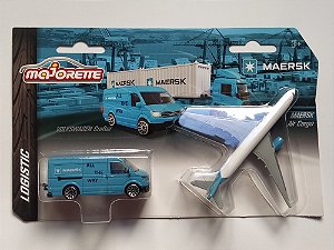 Miniatura Volkswagen Crafter + Avião de carga Maersk 1:64 Majorette Logistic