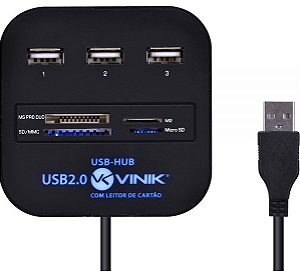 Hub USB 2.0 3 Portas Com Leitor de Cartão Vinik Preto Original