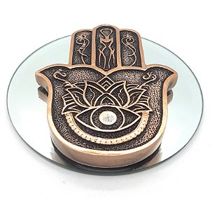 Kit Incensário Vareta Mão Hamsá Com Bandeja Bronze 12cm