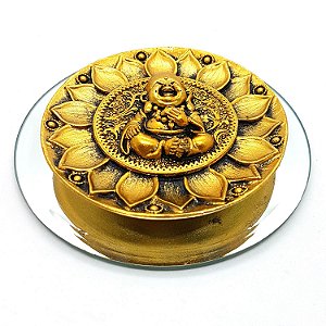 Kit Incensário Vareta Baby Buda Ouro Bandeja Espelhada 12cm