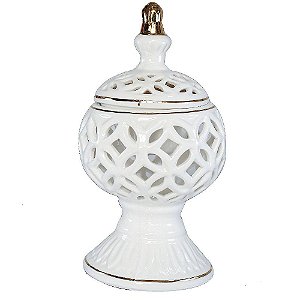 Turíbulo Incensário de Mesa em Cerâmica Branco e Dourado
