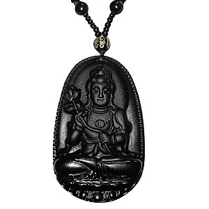 Colar Pingente Buda Flor Lótus Espiritual Relevo Preto 30 cm