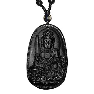 Colar Pingente Buda Proteção Espiritual Relevo Preto 30 cm
