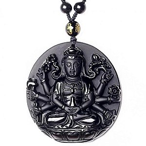 Colar Com Pingente Buda Adorando Amitabha Relevo Preto 30cm