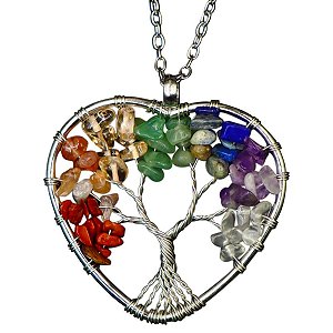 Colar Coração Árvore da Vida Sete Chakras Metal Espiritual
