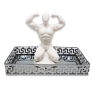 Estátua fisiculturista Vencedor Com Bandeja Branco 13cm