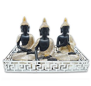 Trio de Buda Tailandês Rezando Preto Dourado com Bandeja