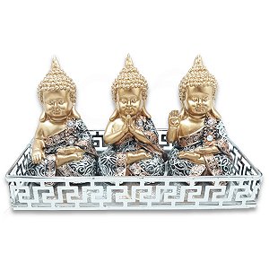 Kit Decoração Trio Budas Tibetanos na Bandeja Espelhada 10cm