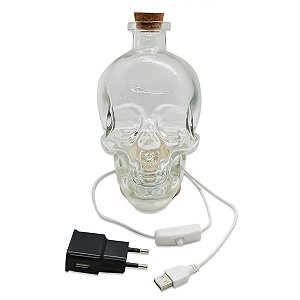 Enfeite Garrafa Caveira de Vidro com Base Iluminada 19 cm