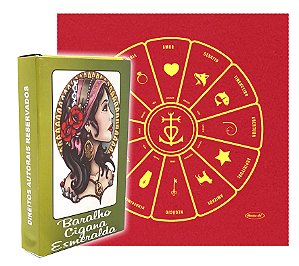 Kit Baralho Cigano Esmeralda e Toalha Tarô Vermelha Brilho