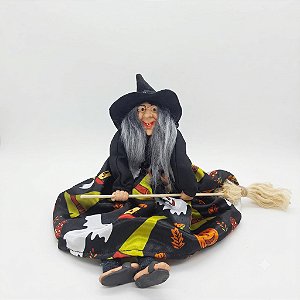 Enfeite Bruxa Vassoura para Pendurar Fantasma Abóbora 38 cm