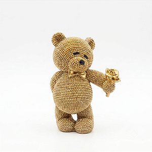 Enfeite de Resina Urso Romântico Dourado Rosa Brilhante 14 cm