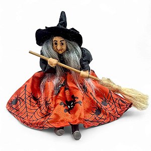 Enfeite Bruxa Vassoura para Pendurar Vestido Aranha 23 cm