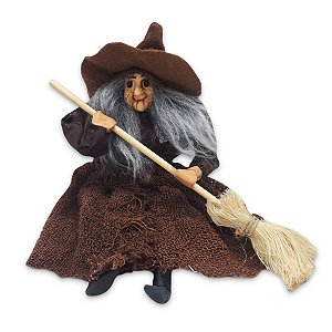 Enfeite Bruxa com Vassoura para Pendurar Vestido Marrom 23cm