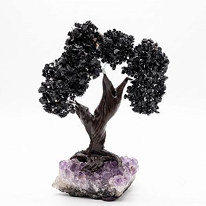 Árvore Pedra Turmalina Negra com Base Drusa Ametista 13 cm