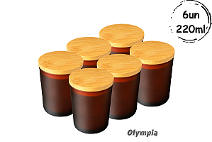 6un Pote de Vidro Ambar Fosco 220ml c/ Tampa Hermética de Bamboo