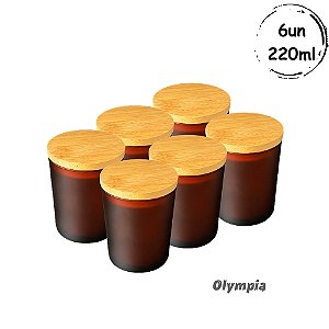 6un Pote de Vidro Ambar Fosco 220ml c/ Tampa Hermética de Bamboo