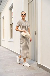 Vestido listrado de tricô modal canelado
