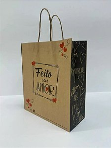 Sacola Kraft Feito com Amor (26 A x 21 L x 9,5 Fundo) - Para Presentes, Delivery, Entregas, Brindes...