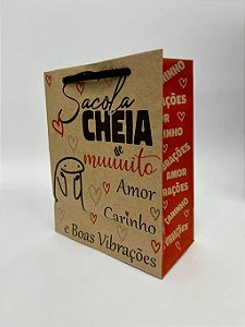 Sacola Kraft Pequena Presente Bijuteria Lembrancinha Doces "CHEIA de muuuito amor" 15,5cm A x 12cm L x 6,5cm Fundo - Modelo 25