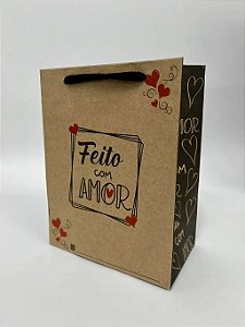 Sacola Kraft Pequena Presente Bijuteria Lembrancinha Doces "Feito com amor" 15,5cm A x 12cm L x 6,5cm Fundo - Modelo 27