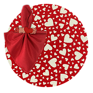 Kit Capas de Sousplat Mesa Posta Coração Amor com Guardanapos e Porta Guardanapos