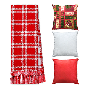 Kit Manta Xale de Sofá Natalina Xadrez Vermelha com 3 Capas de Almofadas Decorativas