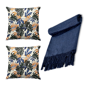 Kit Manta Xale de Sofá Decorativa Smoth Lisa com 2 Capas de almofadas Estampadas