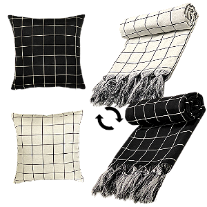 Kit Manta Xale de Sofá Geométrica Grid Dupla Face com 2 Capas de almofadas
