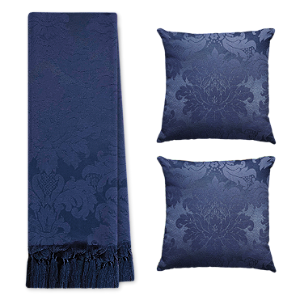 Kit Manta Xale de Sofá Decorativa Medalhão Azul com 2 Capas de almofadas