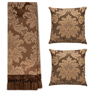 Kit Manta Xale de Sofá Decorativa Medalhão Marrom com 2 Capas de almofadas