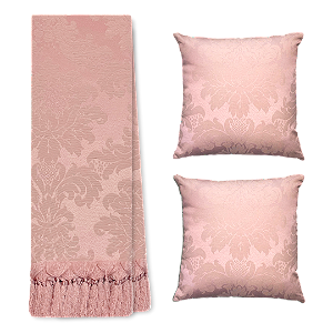 Kit Manta Xale de Sofá Decorativa Medalhão Rosa Rose com 2 Capas de almofadas