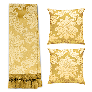 Kit Manta Xale de Sofá Decorativa Medalhão Dourado com 2 Capas de almofadas