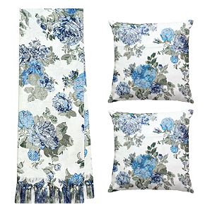 Kit Manta Xale de Sofá Decorativa Jacquard Floral com 2 Capas de almofadas