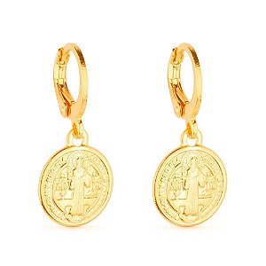 Brinco Dourado de Argolinha Com Medalha Religiosa