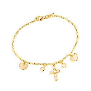 Pulseira Dourada Religiosa Cruz de Pérolas Coração Madrepérola Ponto de Luz
