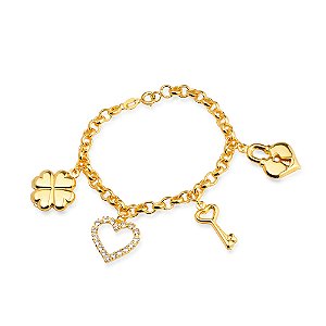 Pulseira Dourada Elo Português com Coração, Cadeado, Trevo e Chave