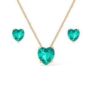 Conjunto Dourado de Coração Verde