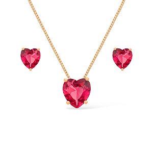 Conjunto Dourado de Coração Vermelho