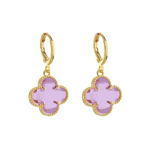 Brinco Dourado de Trevo com Zircônia Rosa