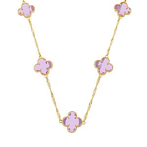 Colar Dourado 5 Trevos Rosa