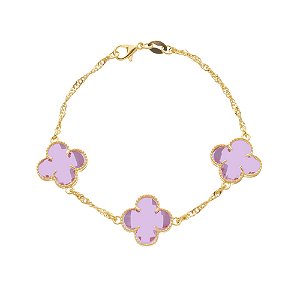 Pulseira Dourada Trevos Zircônia Rosa