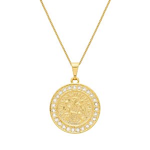 Colar Dourado Medalha São Miguel Arcanjo Cravejado de Zircônia