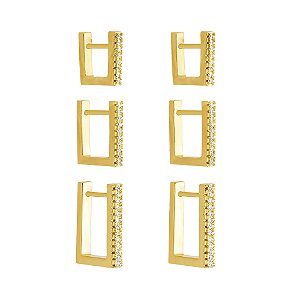 Trio Dourado de Argolinhas Quadradas Cravejadas de Zircônias