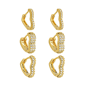 Trio Dourado de Argolinhas de Coração Cravejados de Zircônia