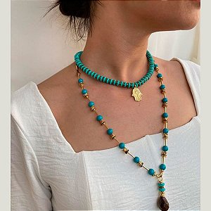 Colar, Feminino Longo, Feito à Mão, Prateado e Azul, 4901