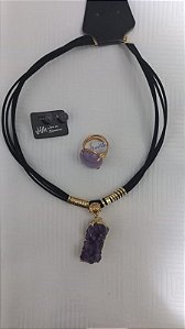 Conjunto, Feminino, Big Ametista, Colar, Brinco, Anel, HM105